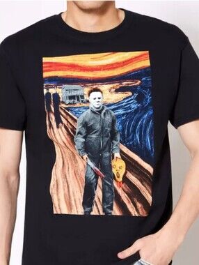Edvard Munch's The Scream Parody Michael Myers Mens Black Graphic Tee Size M